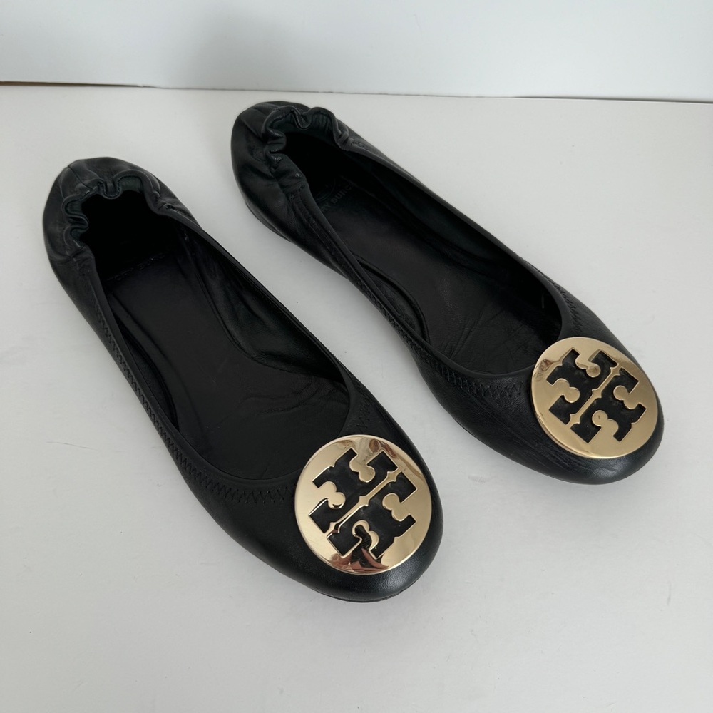 Tory Burch womens black gold Claire Leather Logo Ballet Flats size 8.5